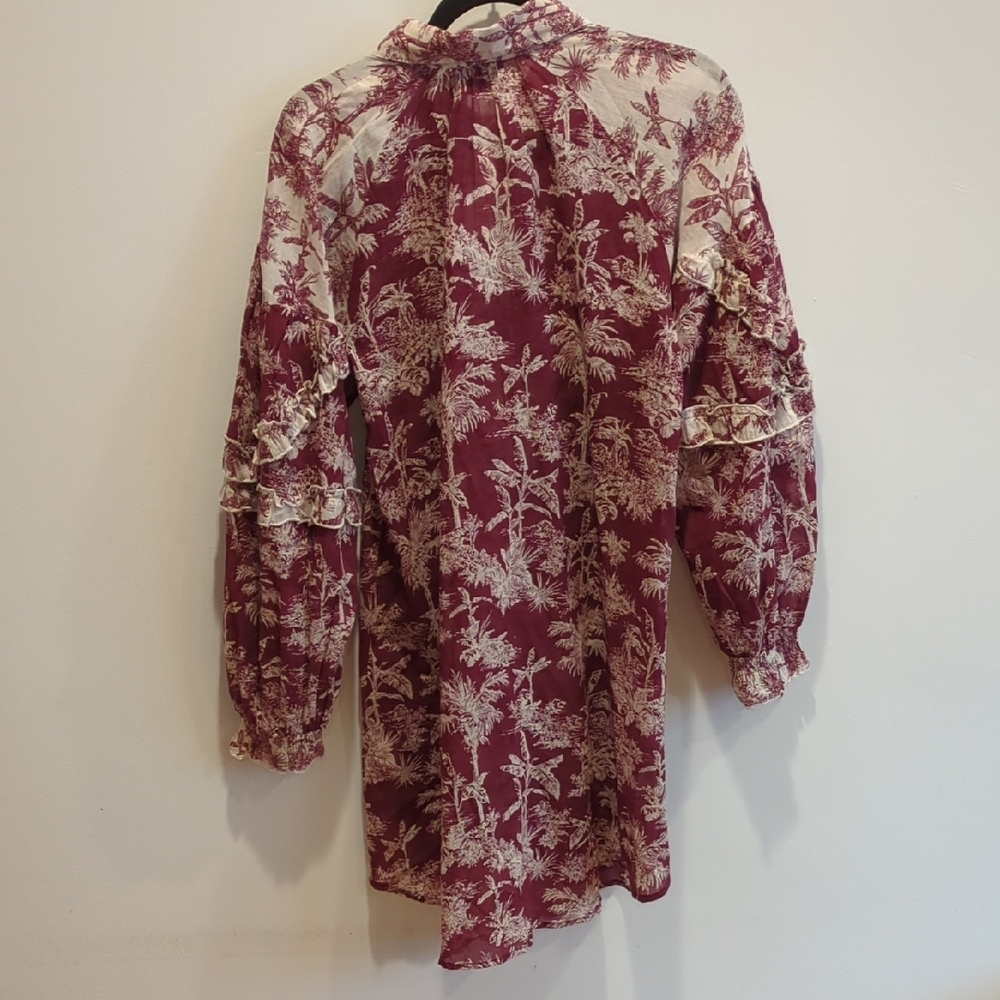 Miss June Cotton Boho Paris Toile Ruffle Sleeve Mini Dress Burgundy Red Boho NWT - Picture 10 of 12